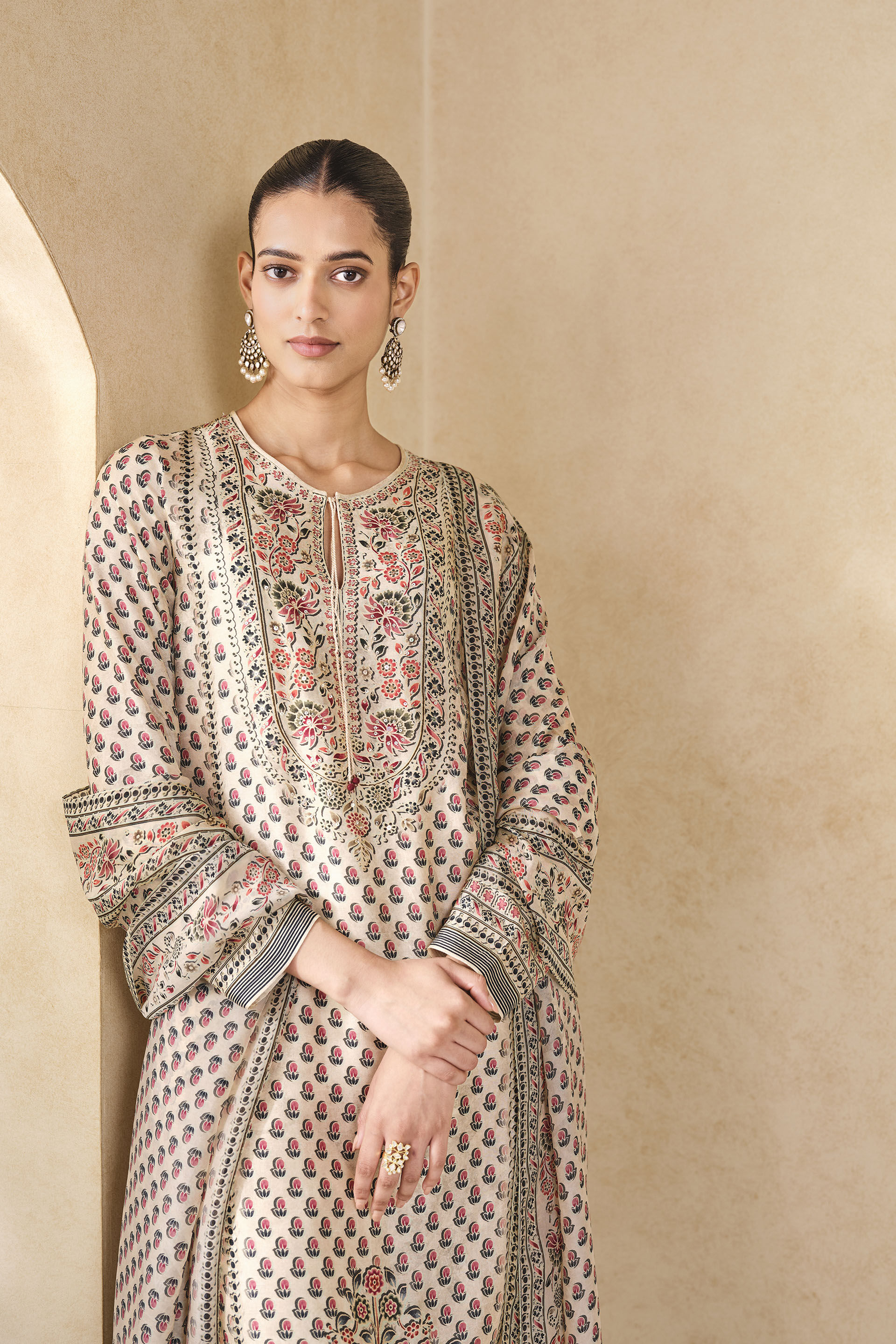 Printed silk suit design outlet